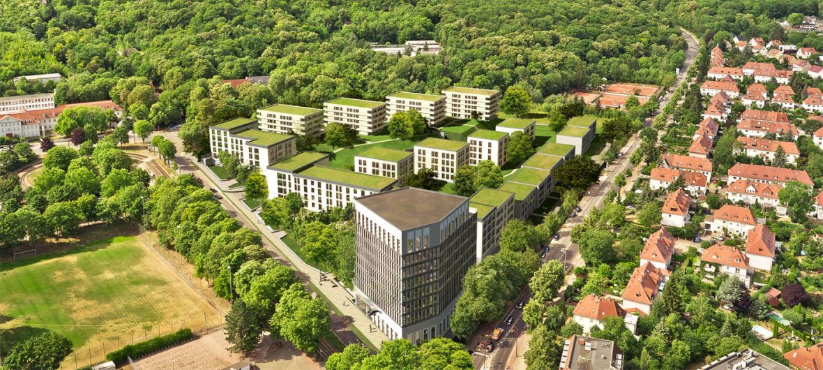 Quartier Lingel: Neues Wohnquartier für Erfurter Süden: Die QUARTERBACK Immobilien AG plant ein vielfältig durchgrüntes Wohngebiet mit 325 Wohnungen am Rande des Steigerwalds. Auf dem Gelände war einst die größte Damenschuhfabrik der Wetl beheimatet. 