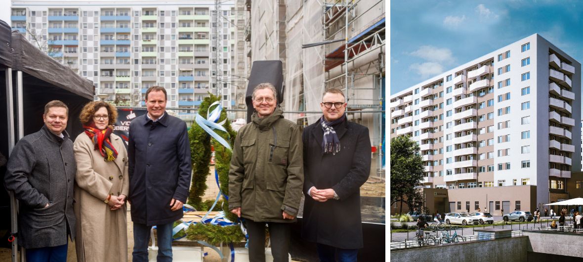 Berlin-Lichtenberg: Richtfest für in Modulbauweise errichtetes Wohnhochhaus: An der Falkenberger Chaussee 95/99 im Berliner Bezirk Lichtenberg realisiert die HOWOGE ein Wohnhochhaus mit Lebensmittelmarkt und konnte dafür am Valentinstag 2024 einen wichtigen Meilenstein feiern.